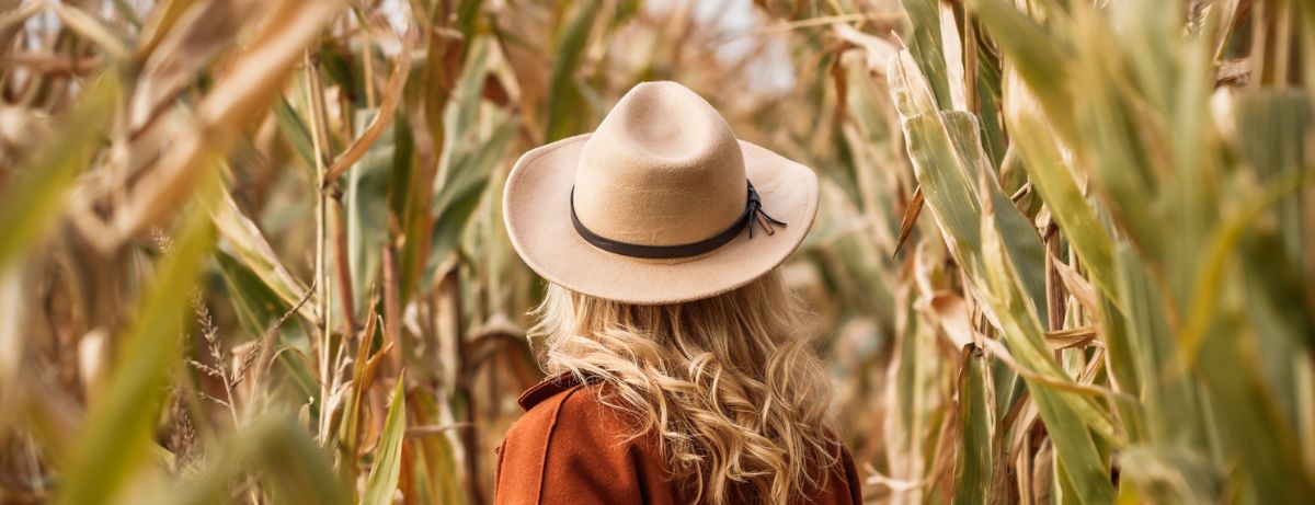 back of woman walking in corn